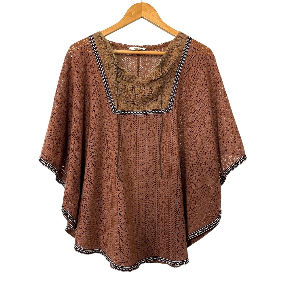 Easel Boho Crochet Lace Poncho Top Brown Floral Embroidered Bib Small‎ VTG Style
